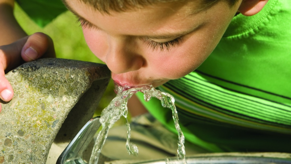 Boy drinking from water fountain
