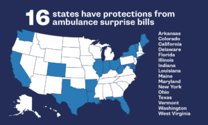 Map of U.S. showing the 16 states with ambulance surprise billing protections March 19 2024