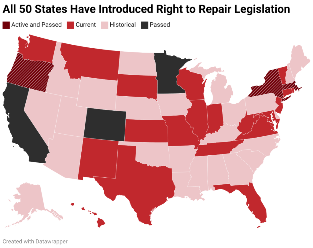 map showing Right to Repair legislation around the U.S.